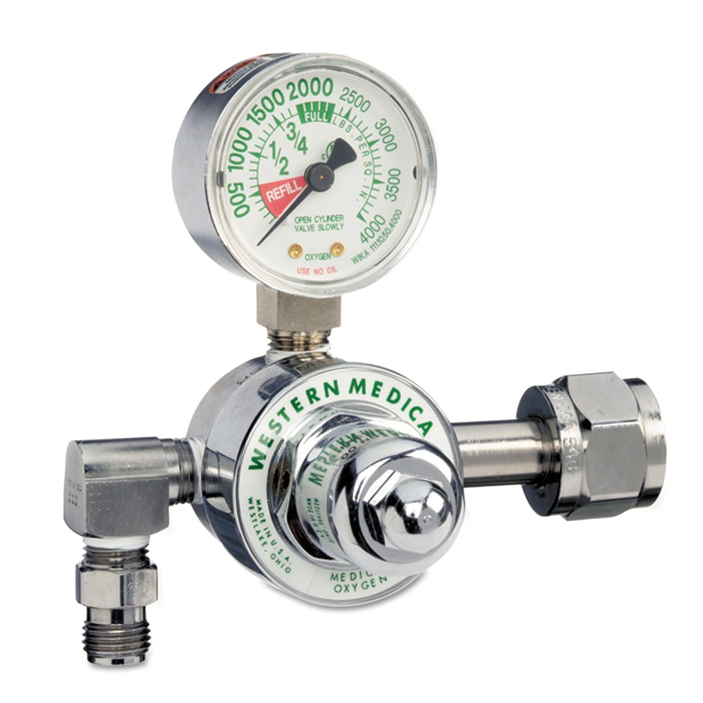 REGULADOR DE OXIGENO PRESETEADO A 50 PSI CGA-540 SALIDA 90 GRADOS WESTERN MEDICA